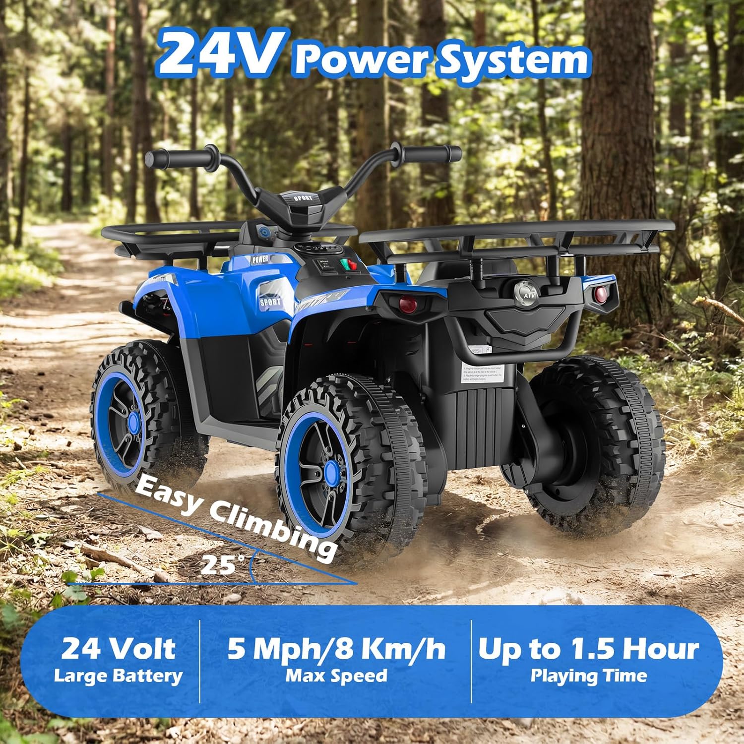 OLAKIDS 24V Kids ATV Quad with 5Mph Max Speed, Spring Suspension, LED Lights, Music & Story Player, Big Tires, 2 Storage Spaces, Ride On Car for Boys Girls Ages 3+