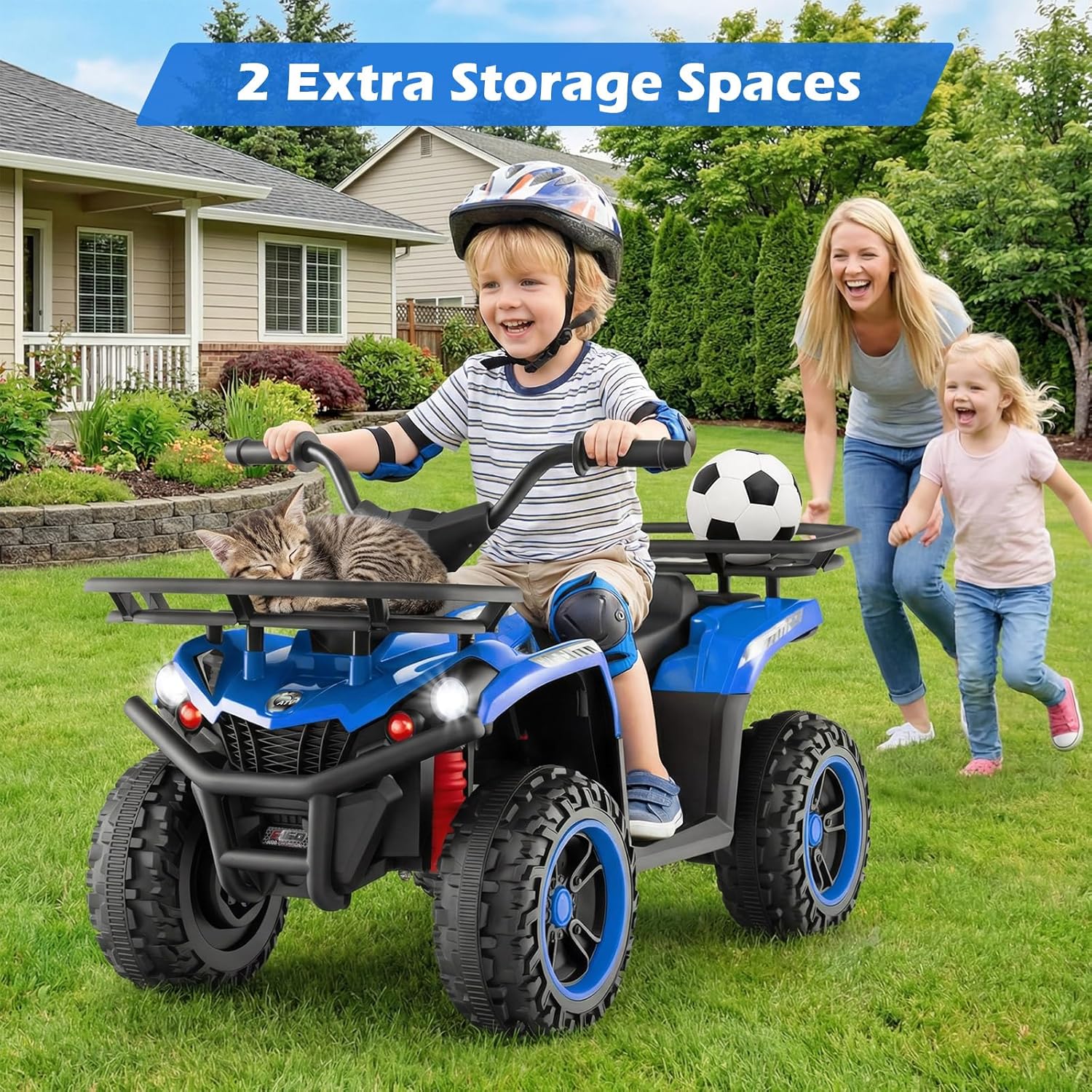 OLAKIDS 24V Kids ATV Quad with 5Mph Max Speed, Spring Suspension, LED Lights, Music & Story Player, Big Tires, 2 Storage Spaces, Ride On Car for Boys Girls Ages 3+