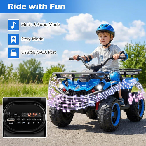 OLAKIDS 24V Kids ATV Quad with 5Mph Max Speed, Spring Suspension, LED Lights, Music & Story Player, Big Tires, 2 Storage Spaces, Ride On Car for Boys Girls Ages 3+