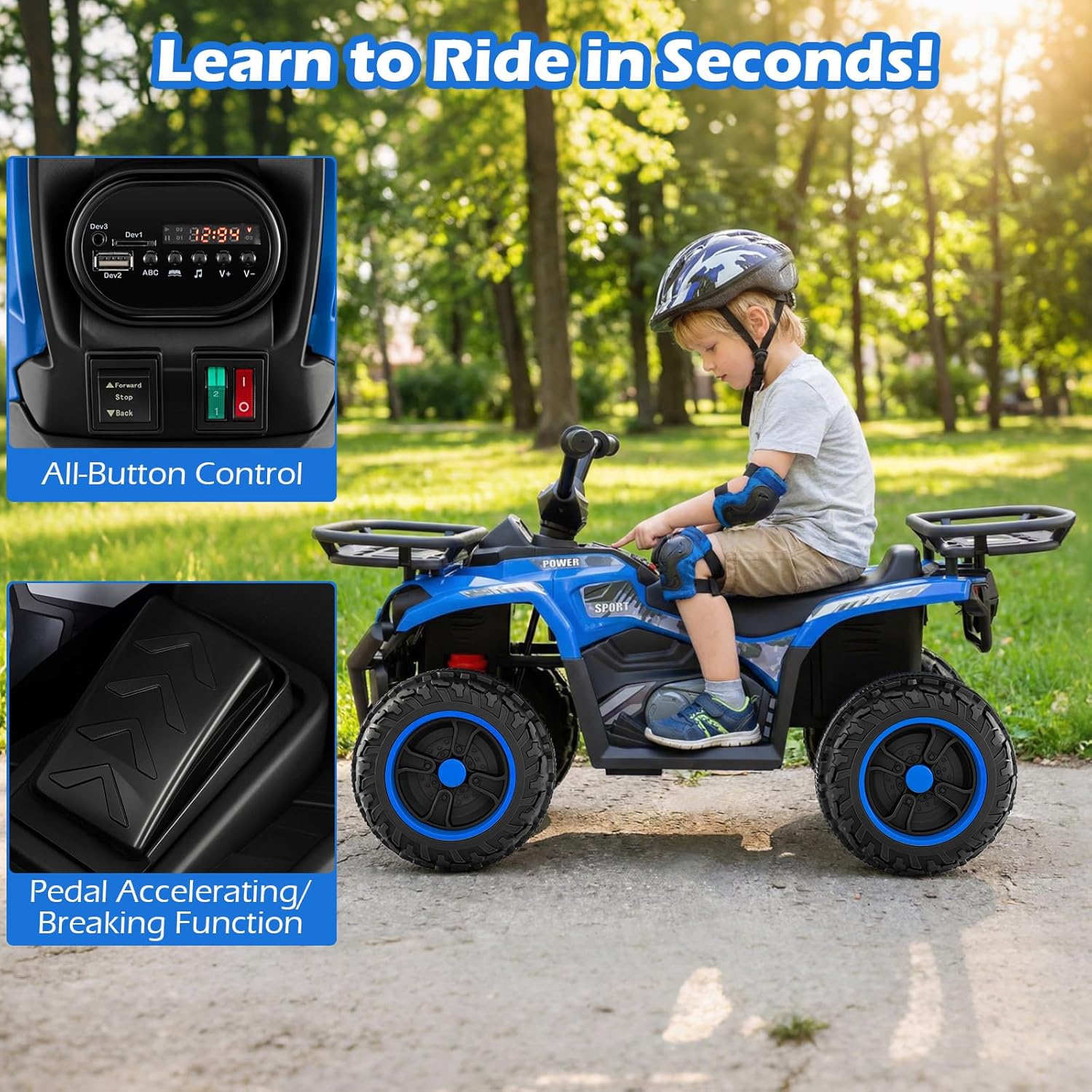 OLAKIDS 24V Kids ATV Quad with 5Mph Max Speed, Spring Suspension, LED Lights, Music & Story Player, Big Tires, 2 Storage Spaces, Ride On Car for Boys Girls Ages 3+