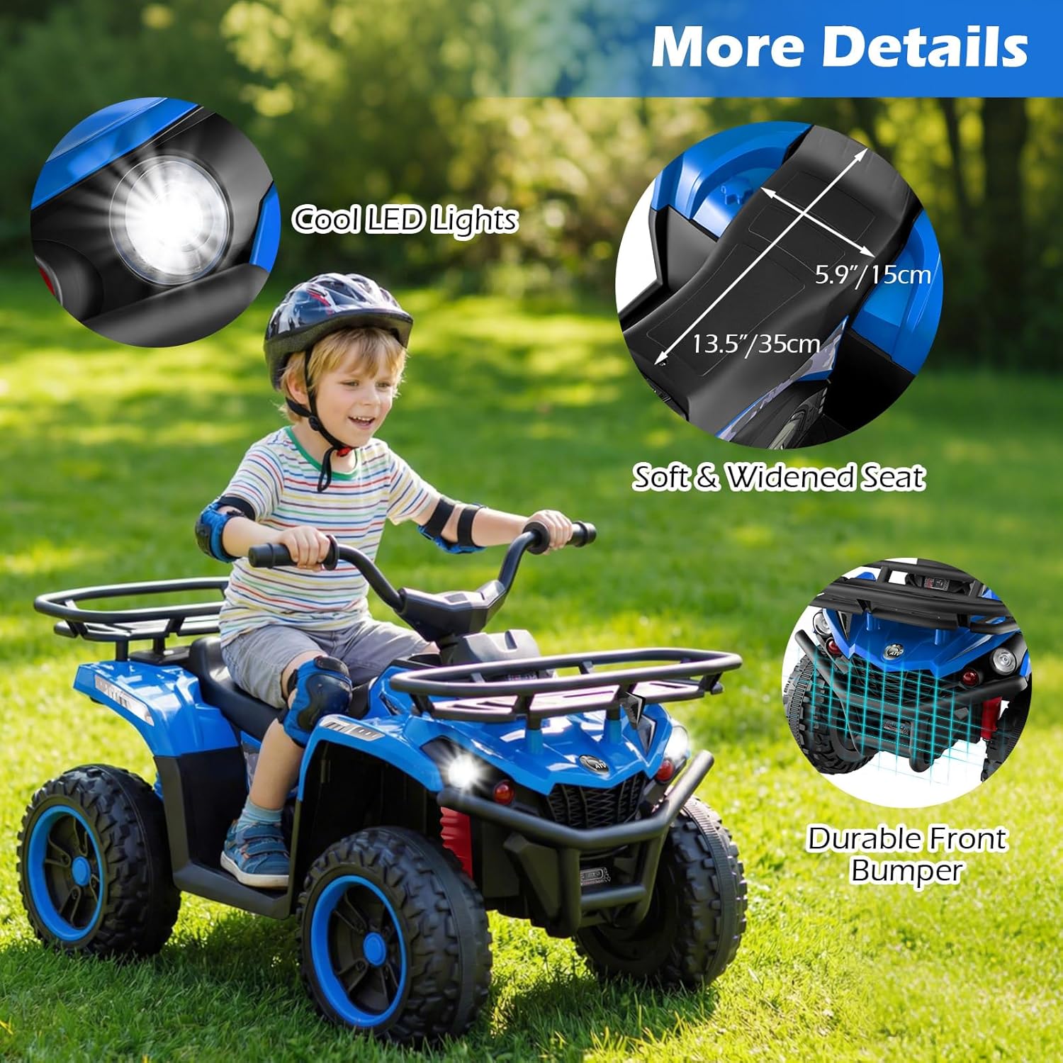 OLAKIDS 24V Kids ATV Quad with 5Mph Max Speed, Spring Suspension, LED Lights, Music & Story Player, Big Tires, 2 Storage Spaces, Ride On Car for Boys Girls Ages 3+