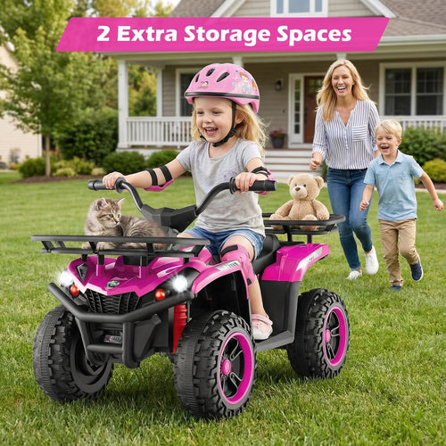 OLAKIDS 24V Kids ATV Quad with 5Mph Max Speed, Spring Suspension, LED Lights, Music & Story Player, Big Tires, 2 Storage Spaces, Ride On Car for Boys Girls Ages 3+