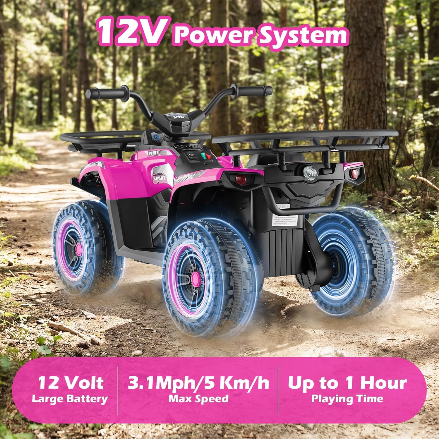 OLAKIDS 24V Kids ATV Quad with 5Mph Max Speed, Spring Suspension, LED Lights, Music & Story Player, Big Tires, 2 Storage Spaces, Ride On Car for Boys Girls Ages 3+