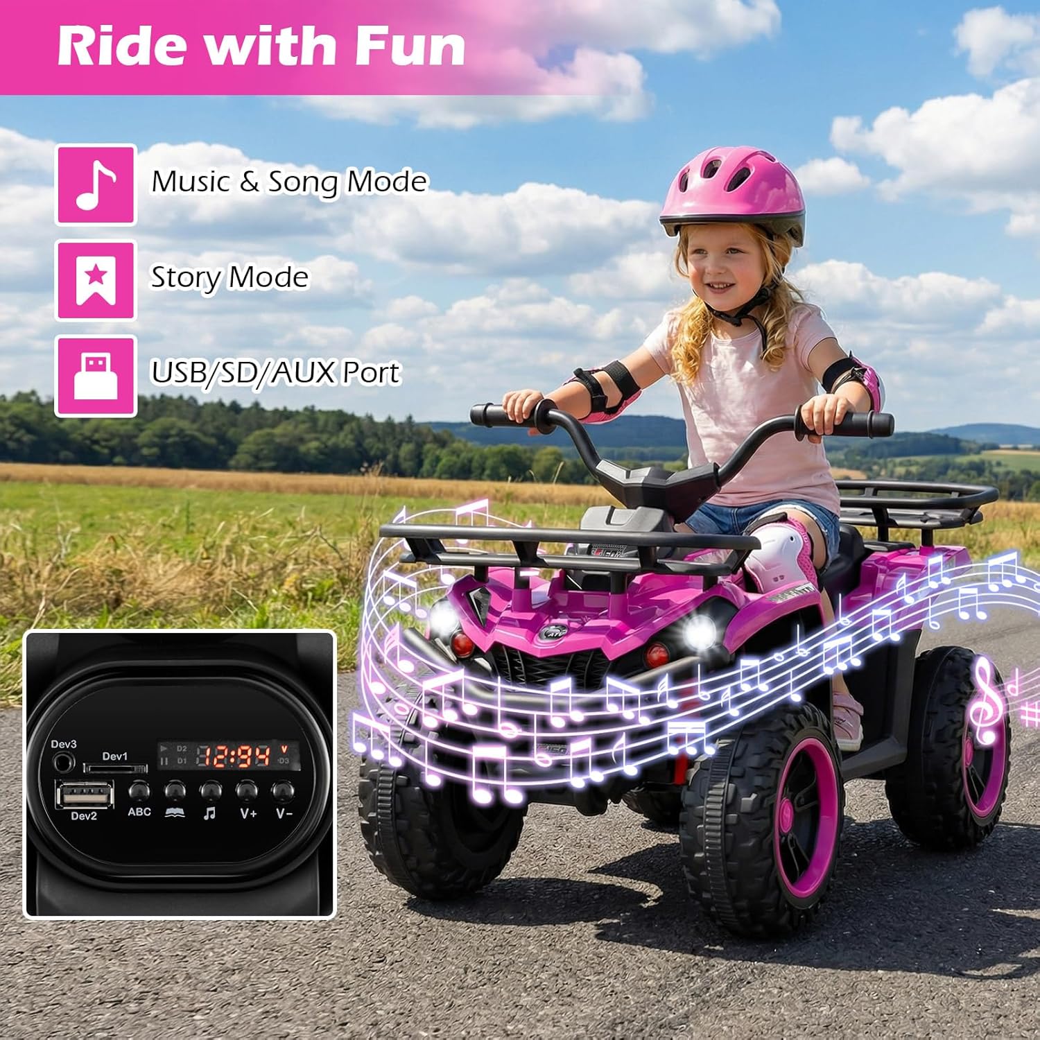 OLAKIDS 24V Kids ATV Quad with 5Mph Max Speed, Spring Suspension, LED Lights, Music & Story Player, Big Tires, 2 Storage Spaces, Ride On Car for Boys Girls Ages 3+