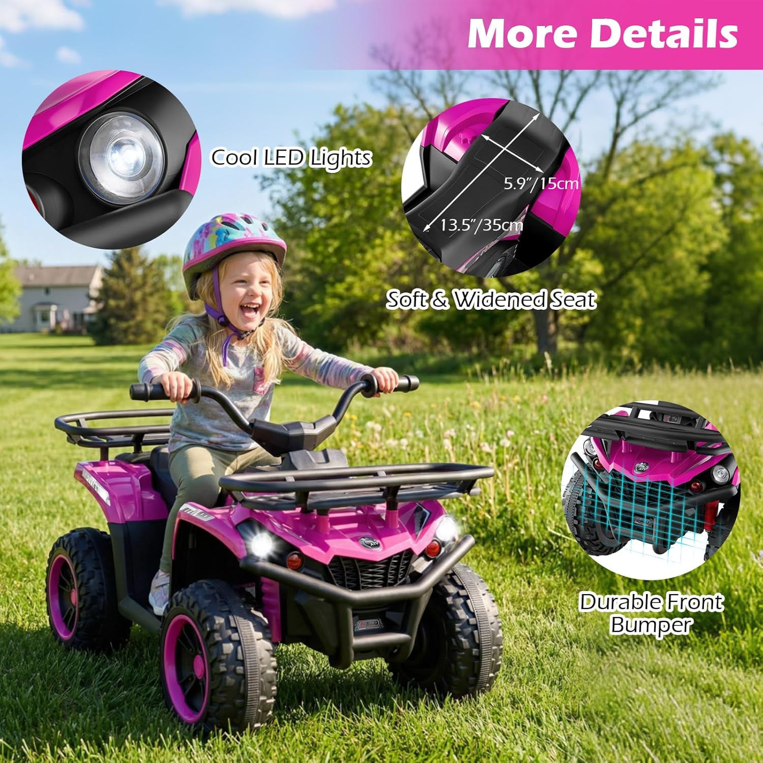 OLAKIDS 24V Kids ATV Quad with 5Mph Max Speed, Spring Suspension, LED Lights, Music & Story Player, Big Tires, 2 Storage Spaces, Ride On Car for Boys Girls Ages 3+