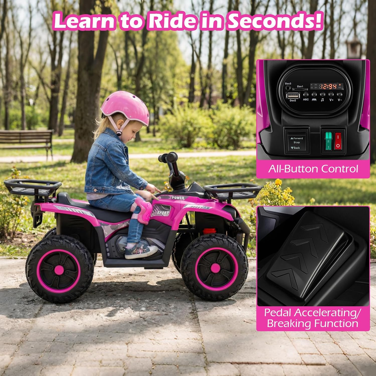 OLAKIDS 24V Kids ATV Quad with 5Mph Max Speed, Spring Suspension, LED Lights, Music & Story Player, Big Tires, 2 Storage Spaces, Ride On Car for Boys Girls Ages 3+