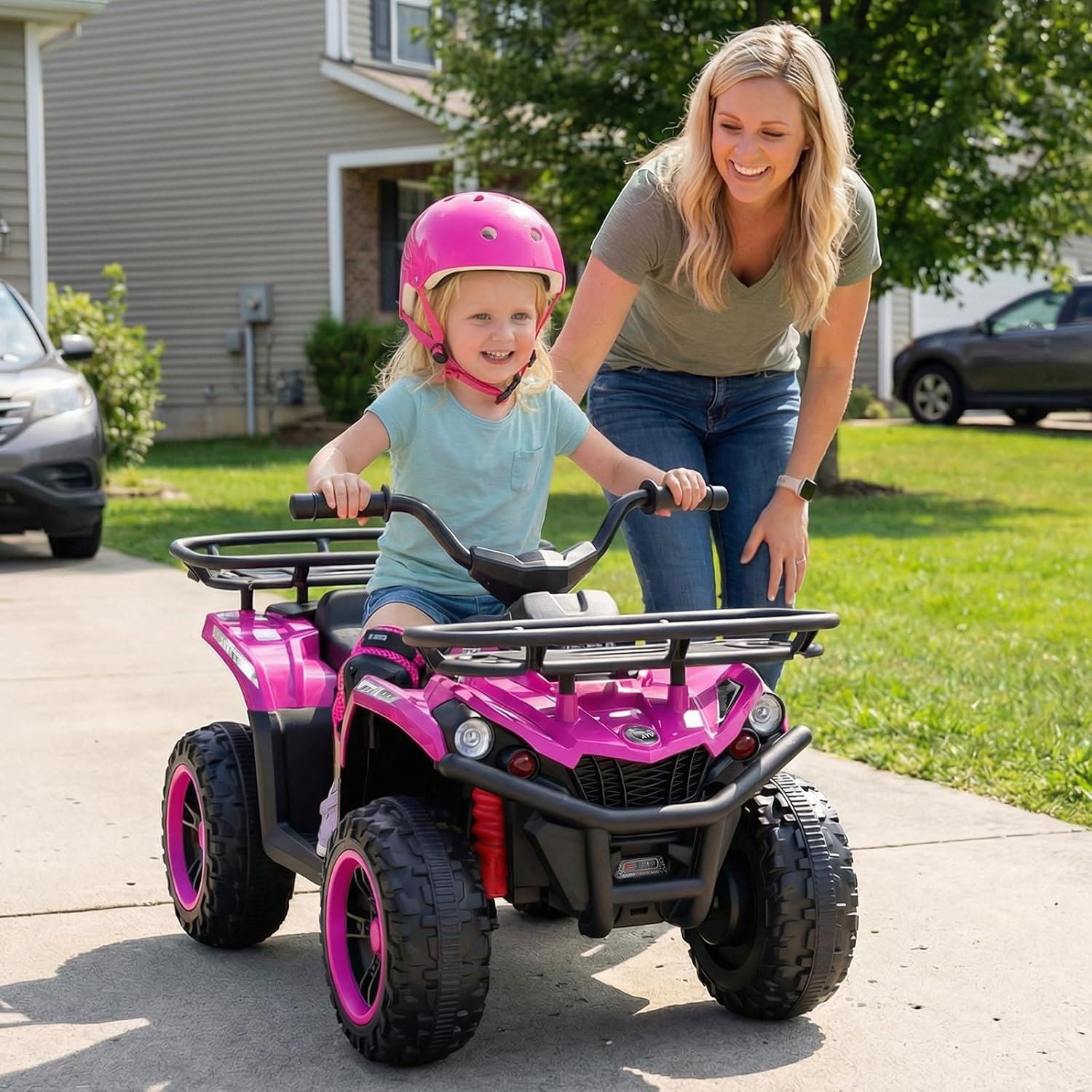 OLAKIDS 24V Kids ATV Quad with 5Mph Max Speed, Spring Suspension, LED Lights, Music & Story Player, Big Tires, 2 Storage Spaces, Ride On Car for Boys Girls Ages 3+