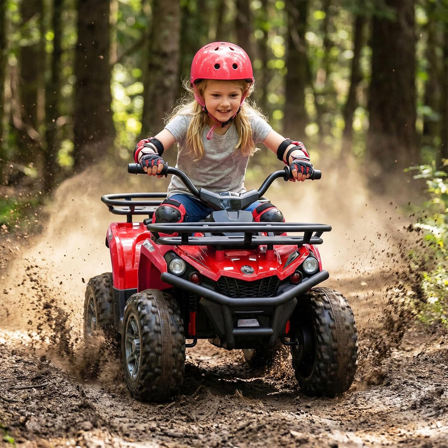 OLAKIDS 24V Kids ATV Quad with 5Mph Max Speed, Spring Suspension, LED Lights, Music & Story Player, Big Tires, 2 Storage Spaces, Ride On Car for Boys Girls Ages 3+