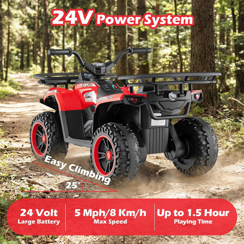 OLAKIDS 24V Kids ATV Quad with 5Mph Max Speed, Spring Suspension, LED Lights, Music & Story Player, Big Tires, 2 Storage Spaces, Ride On Car for Boys Girls Ages 3+