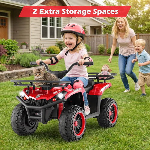 OLAKIDS 24V Kids ATV Quad with 5Mph Max Speed, Spring Suspension, LED Lights, Music & Story Player, Big Tires, 2 Storage Spaces, Ride On Car for Boys Girls Ages 3+