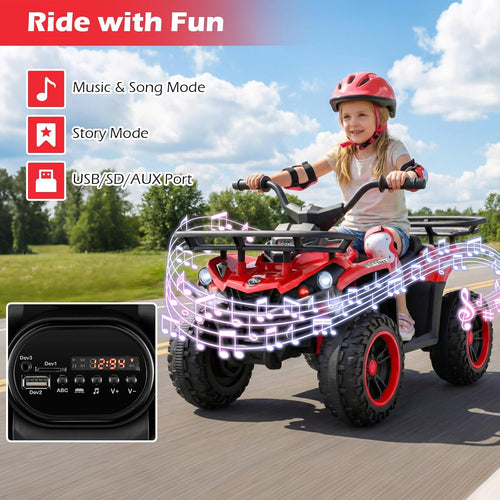 OLAKIDS 24V Kids ATV Quad with 5Mph Max Speed, Spring Suspension, LED Lights, Music & Story Player, Big Tires, 2 Storage Spaces, Ride On Car for Boys Girls Ages 3+