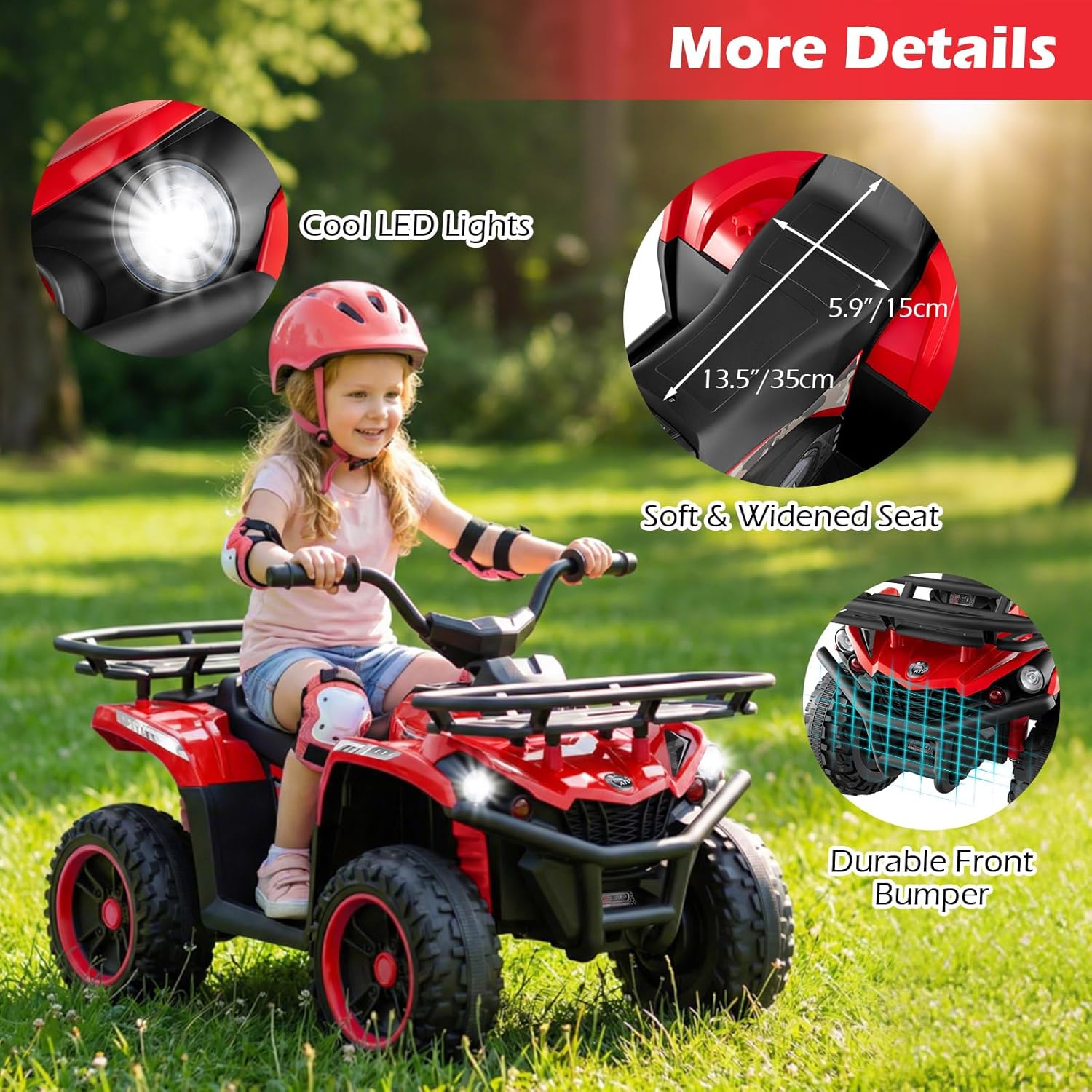 OLAKIDS 24V Kids ATV Quad with 5Mph Max Speed, Spring Suspension, LED Lights, Music & Story Player, Big Tires, 2 Storage Spaces, Ride On Car for Boys Girls Ages 3+