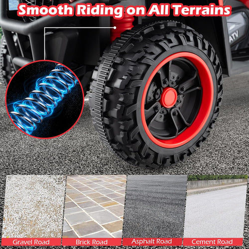OLAKIDS 24V Kids ATV Quad with 5Mph Max Speed, Spring Suspension, LED Lights, Music & Story Player, Big Tires, 2 Storage Spaces, Ride On Car for Boys Girls Ages 3+