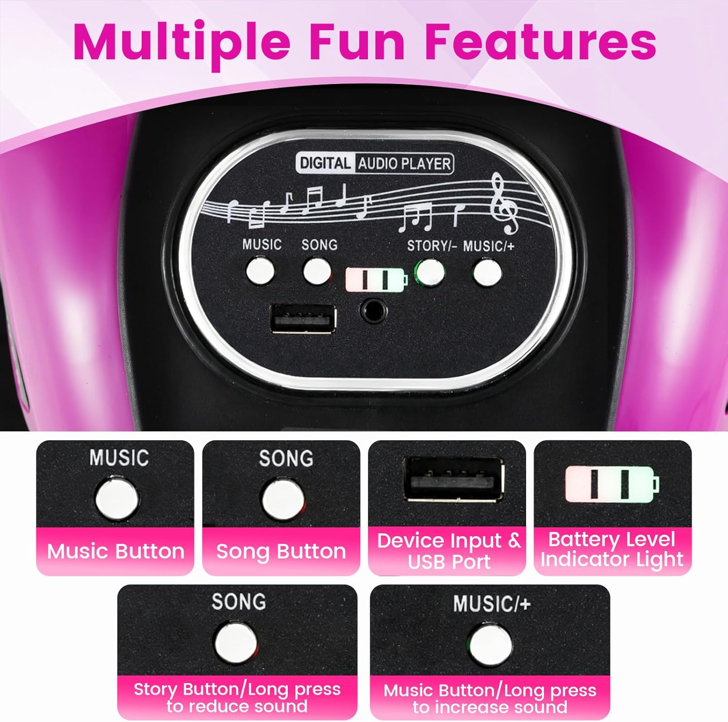 OLAKIDS 6V Kids Motorcycle with Forward & Reverse Switch, Headlight, Horn, Music, Story, USB Port