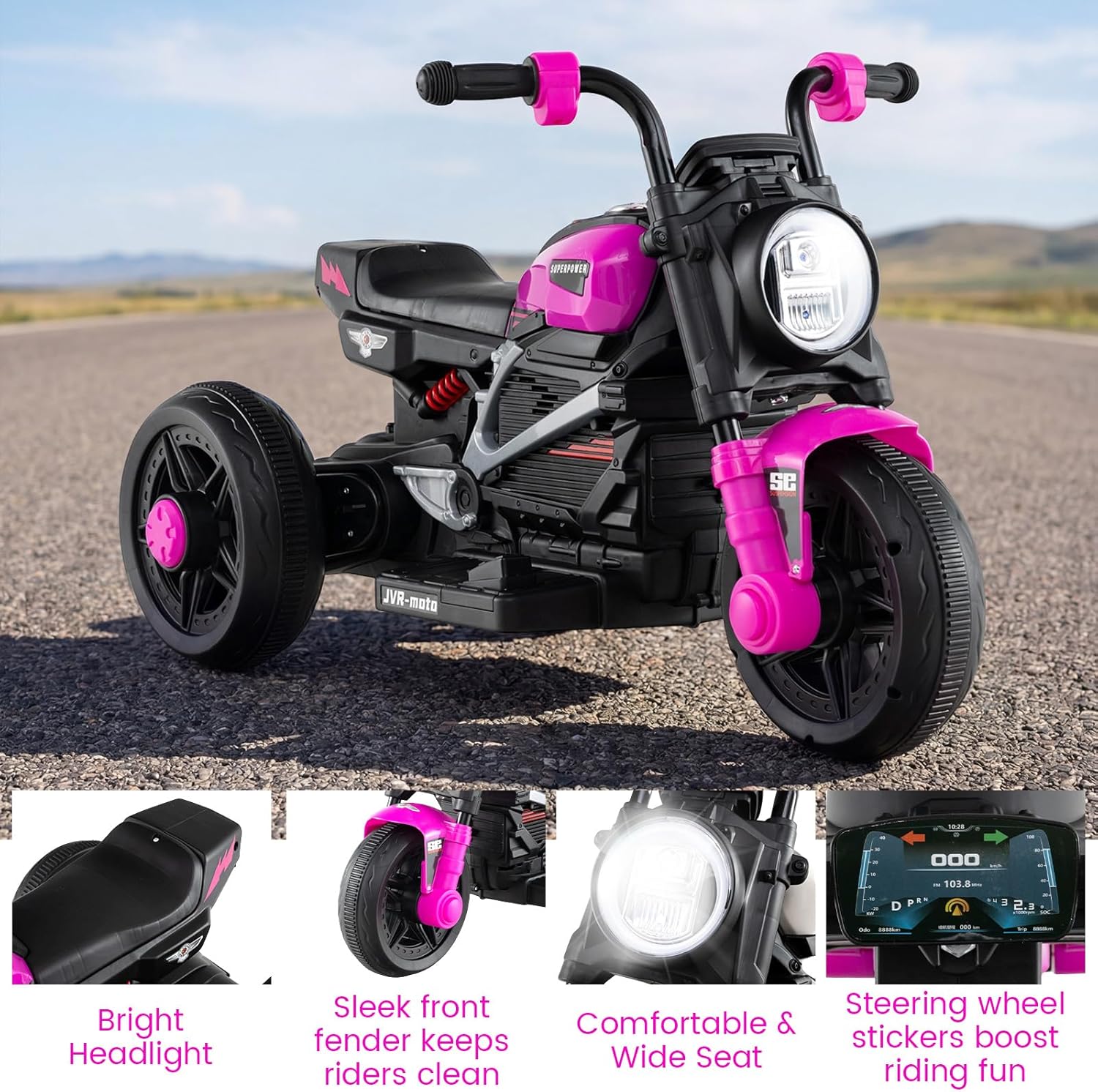 OLAKIDS 6V Kids Motorcycle with Forward & Reverse Switch, Headlight, Horn, Music, Story, USB Port