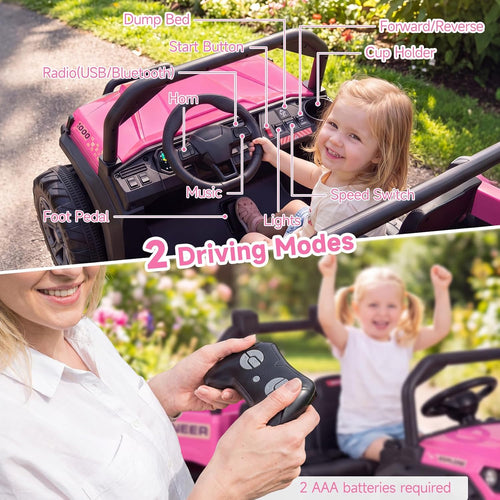 OLAKIDS 24V 2-Seater 4WD Ride On Dump Truck, Remote Control Electric UTV for Big Kids