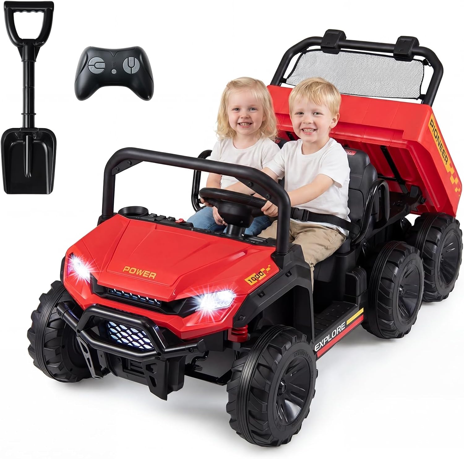 OLAKIDS 24V 2-Seater 4WD Ride On Dump Truck, Remote Control Electric UTV for Big Kids