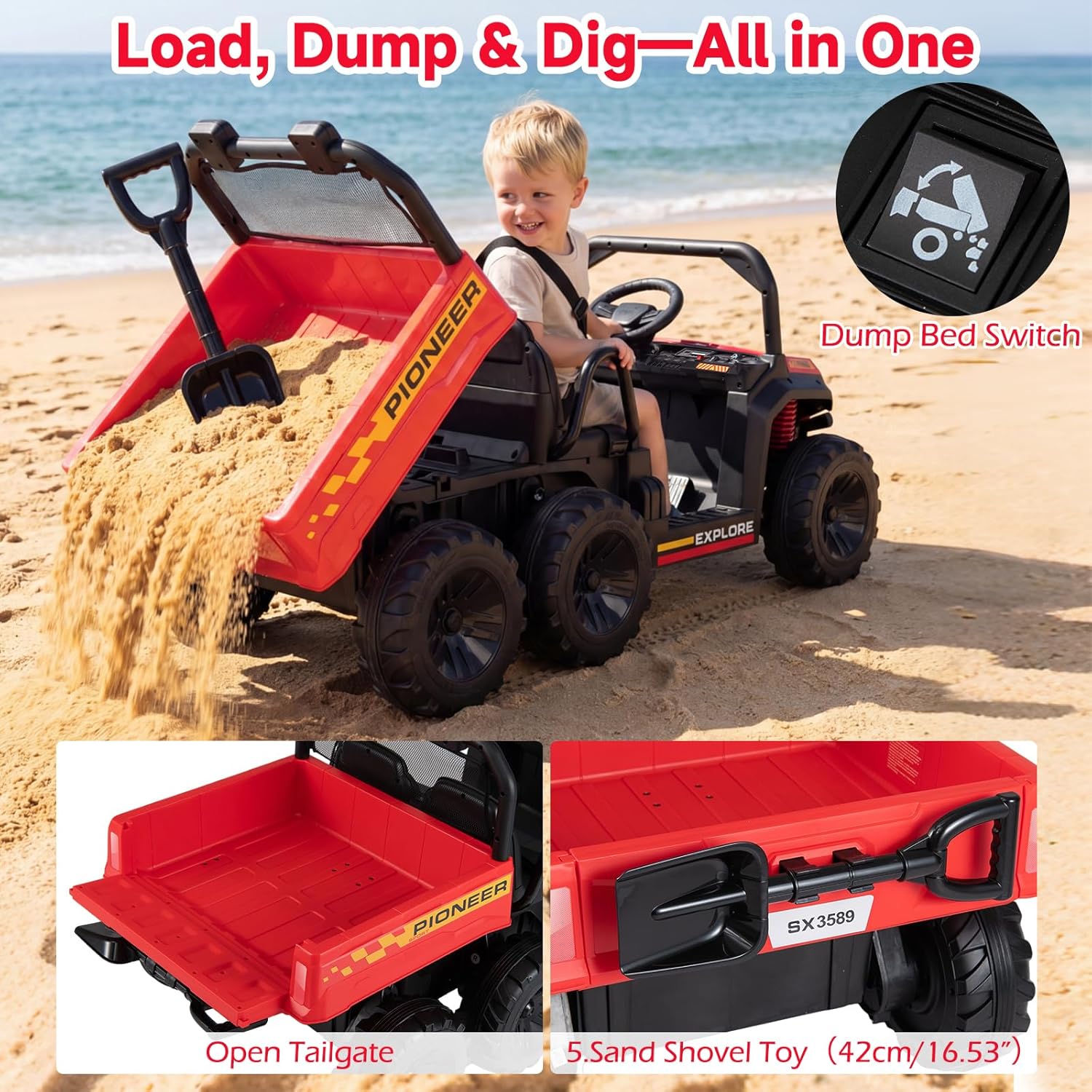 OLAKIDS 24V 2-Seater 4WD Ride On Dump Truck, Remote Control Electric UTV for Big Kids