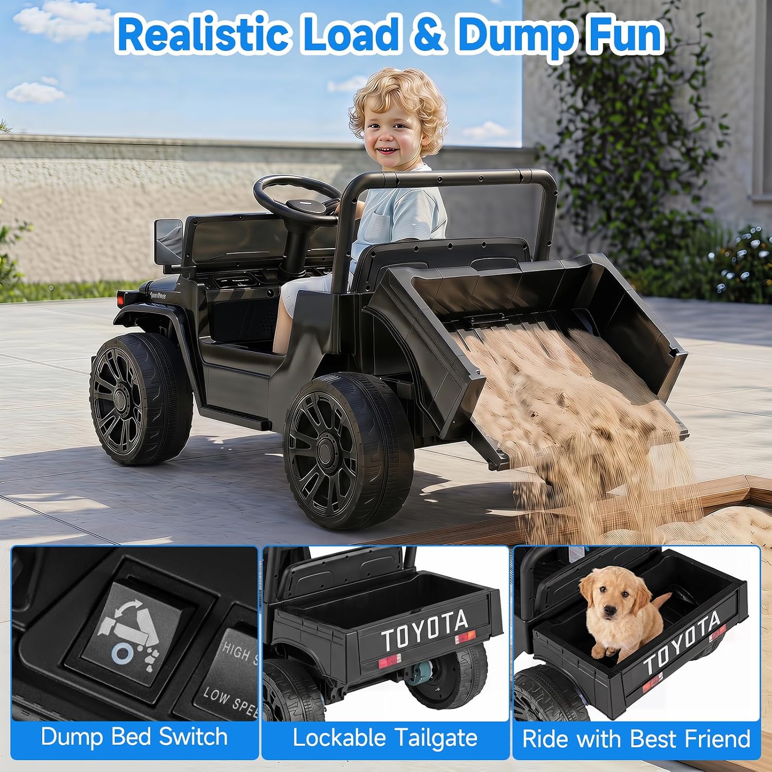 OLAKIDS 12V Licensed Kids Electric Ride On Truck with Dump Bed, Remote Control, Bluetooth Music Lights for Ages 3+