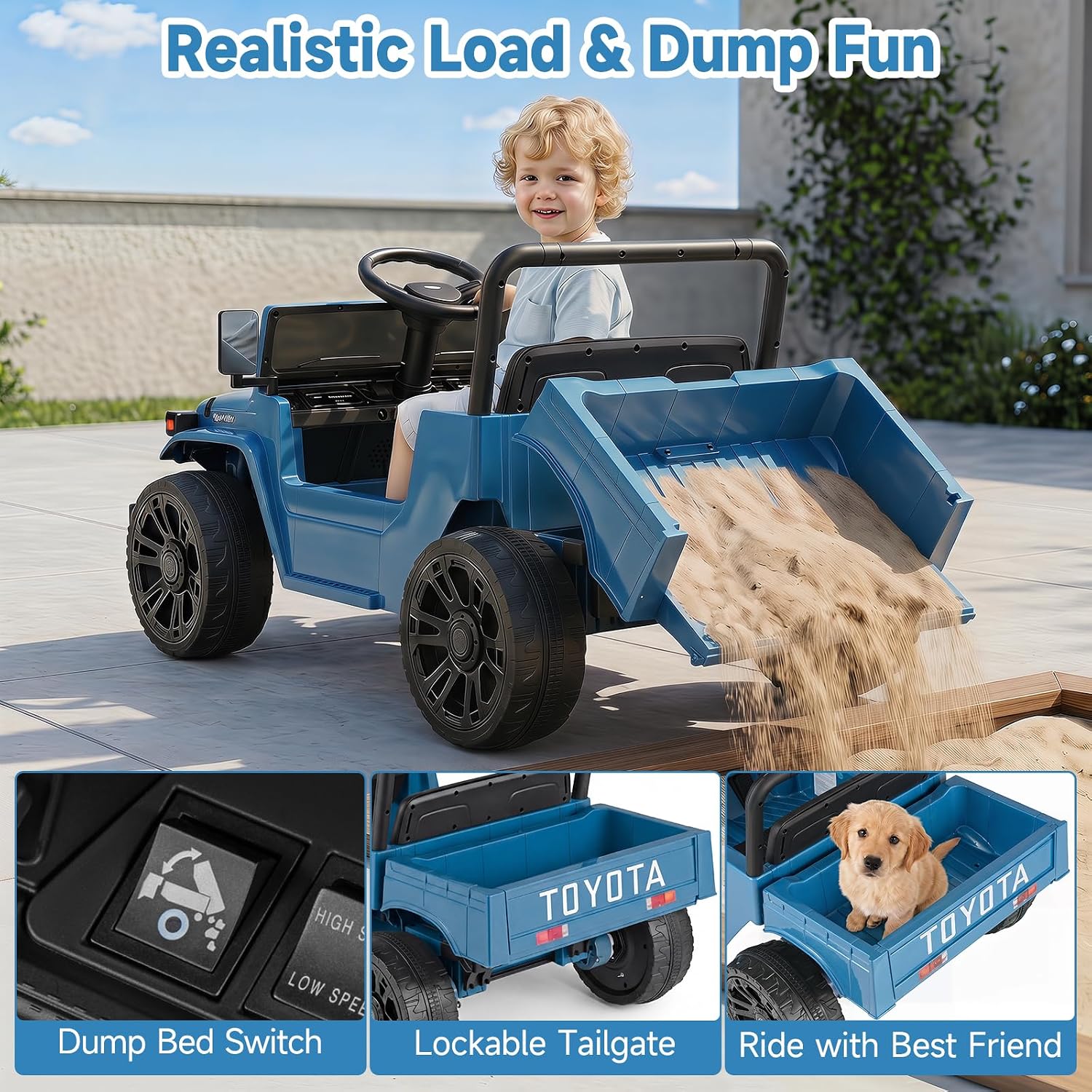 OLAKIDS 12V Licensed Kids Electric Ride On Truck with Dump Bed, Remote Control, Bluetooth Music Lights for Ages 3+