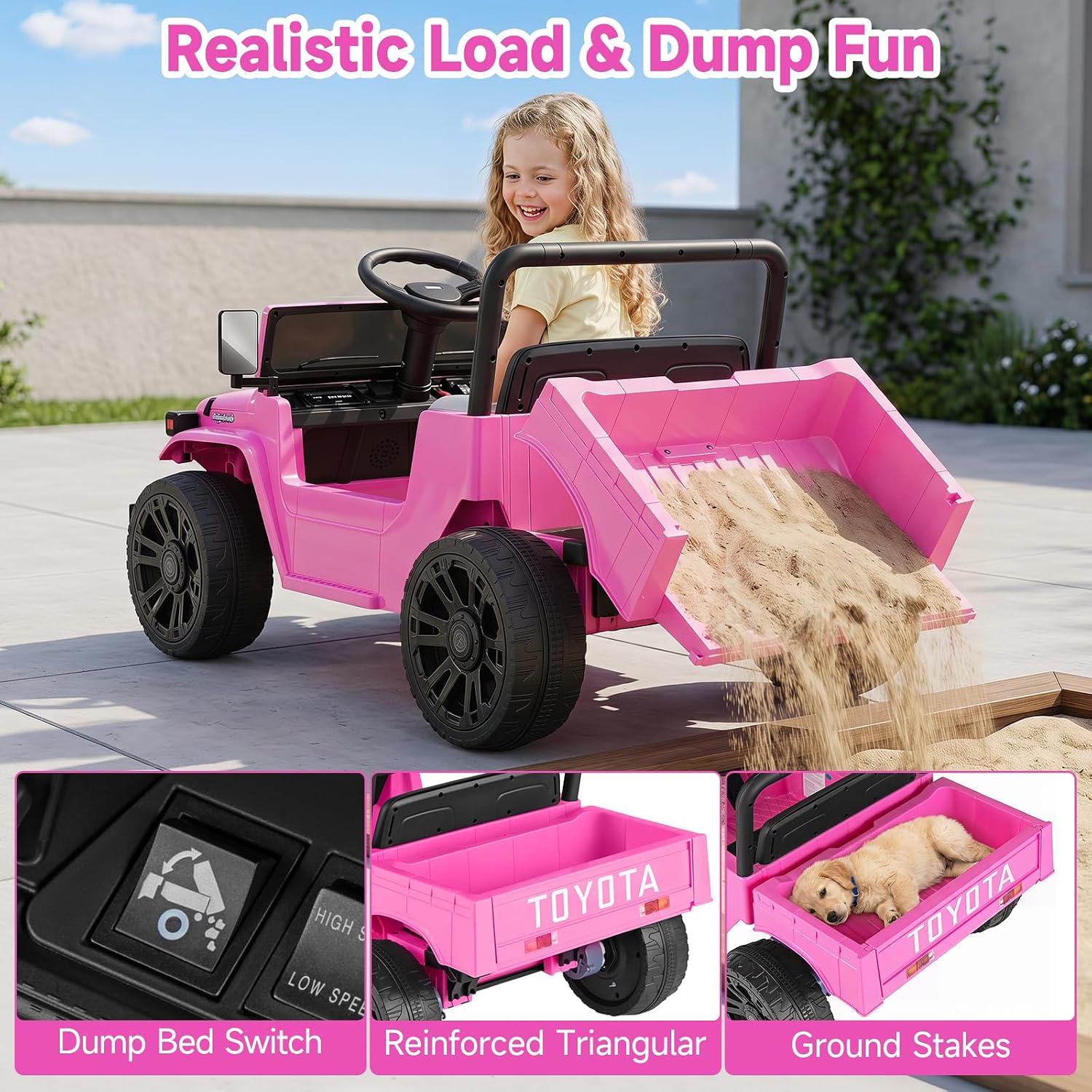 OLAKIDS 12V Licensed Kids Electric Ride On Truck with Dump Bed, Remote Control, Bluetooth Music Lights for Ages 3+