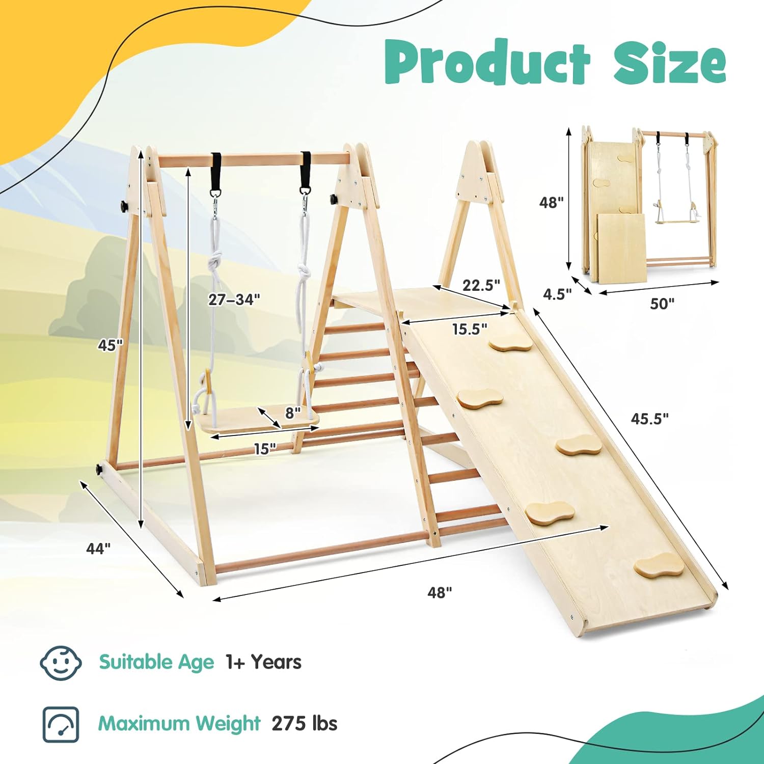 OLAKIDS Indoor Jungle Gym 4 in 1 Foldable Toddler Wooden Montessori Baby Climbing Toys