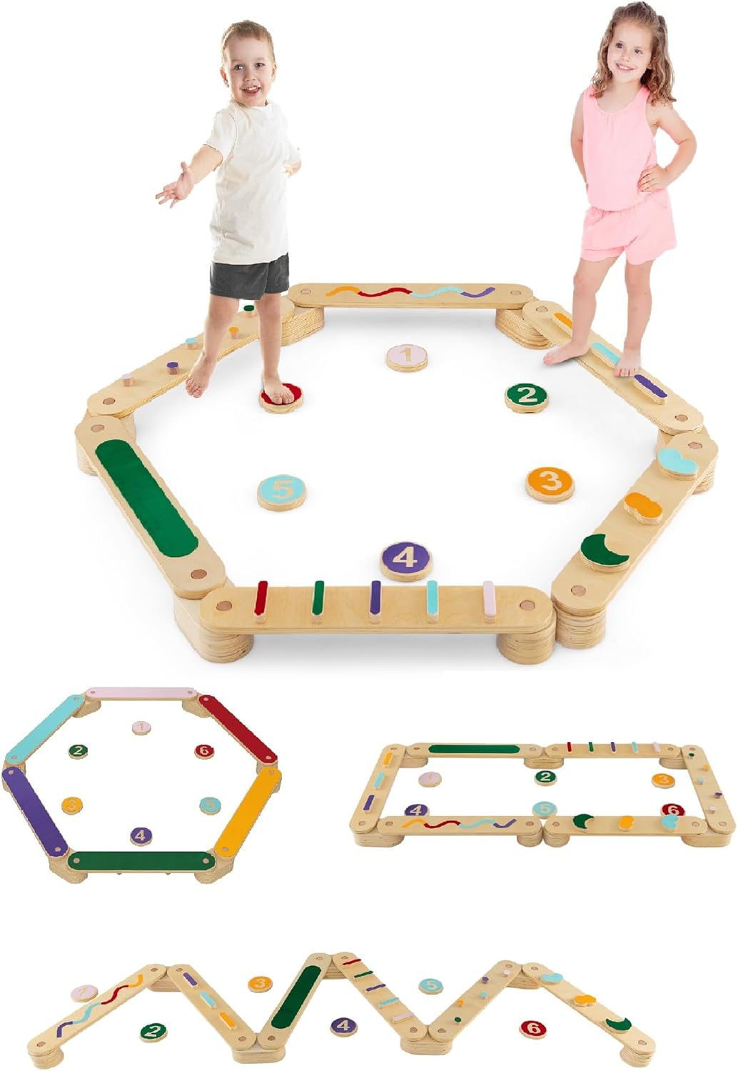 OLAKIDS Wooden Balance Beam Stepping Stones for Kids, Double-Sided Montessori 12 Piece for Toddler Indoor Outdoor