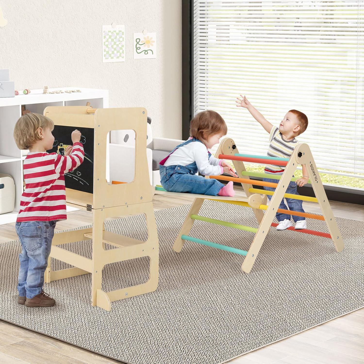Olakids Pikler Triangle Set 8 in 1 Climbing Toys for Toddlers Foldable Wood Montessori Jungle Gym
