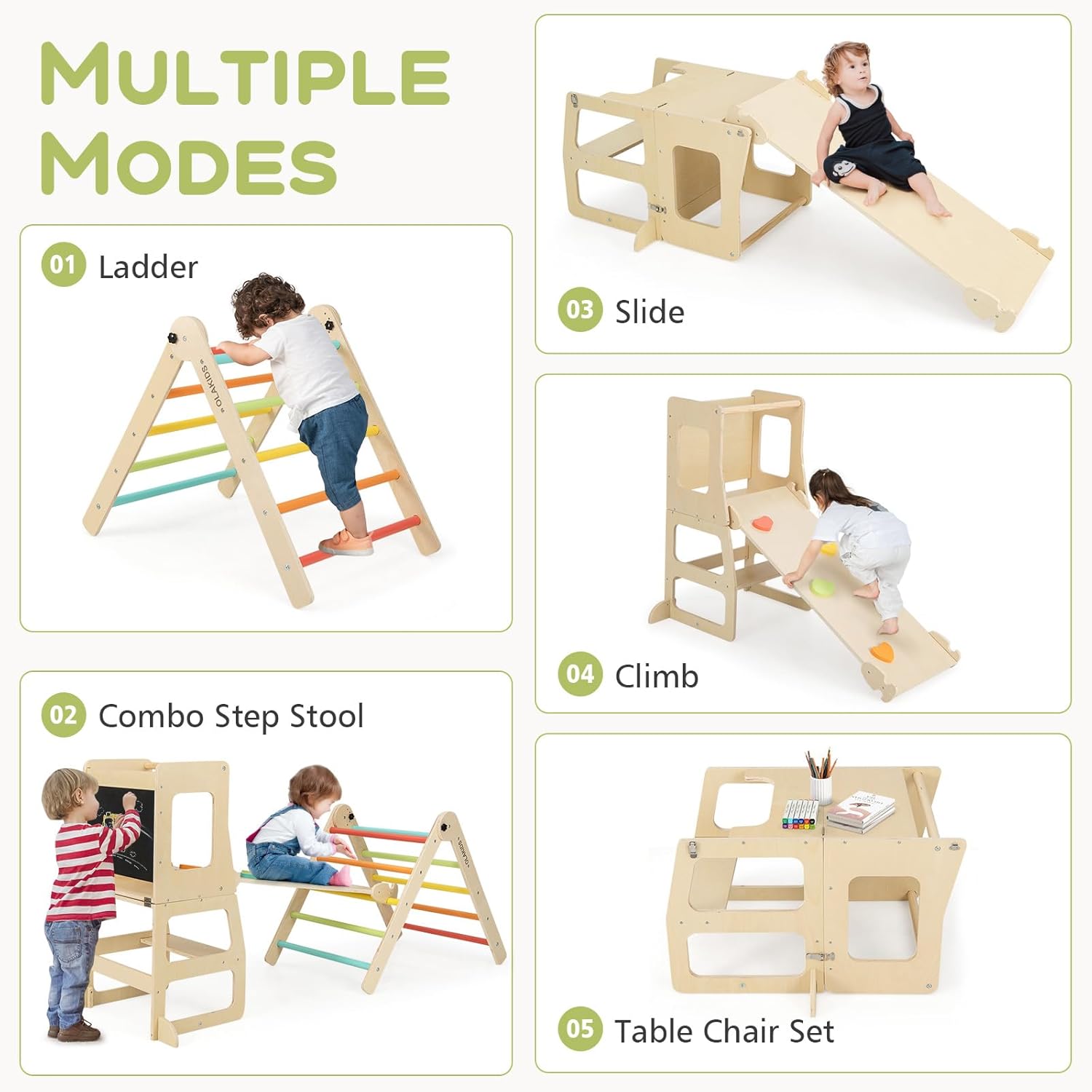Olakids Pikler Triangle Set 8 in 1 Climbing Toys for Toddlers Foldable Wood Montessori Jungle Gym