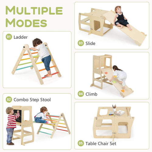 Olakids Pikler Triangle Set 8 in 1 Climbing Toys for Toddlers Foldable Wood Montessori Jungle Gym
