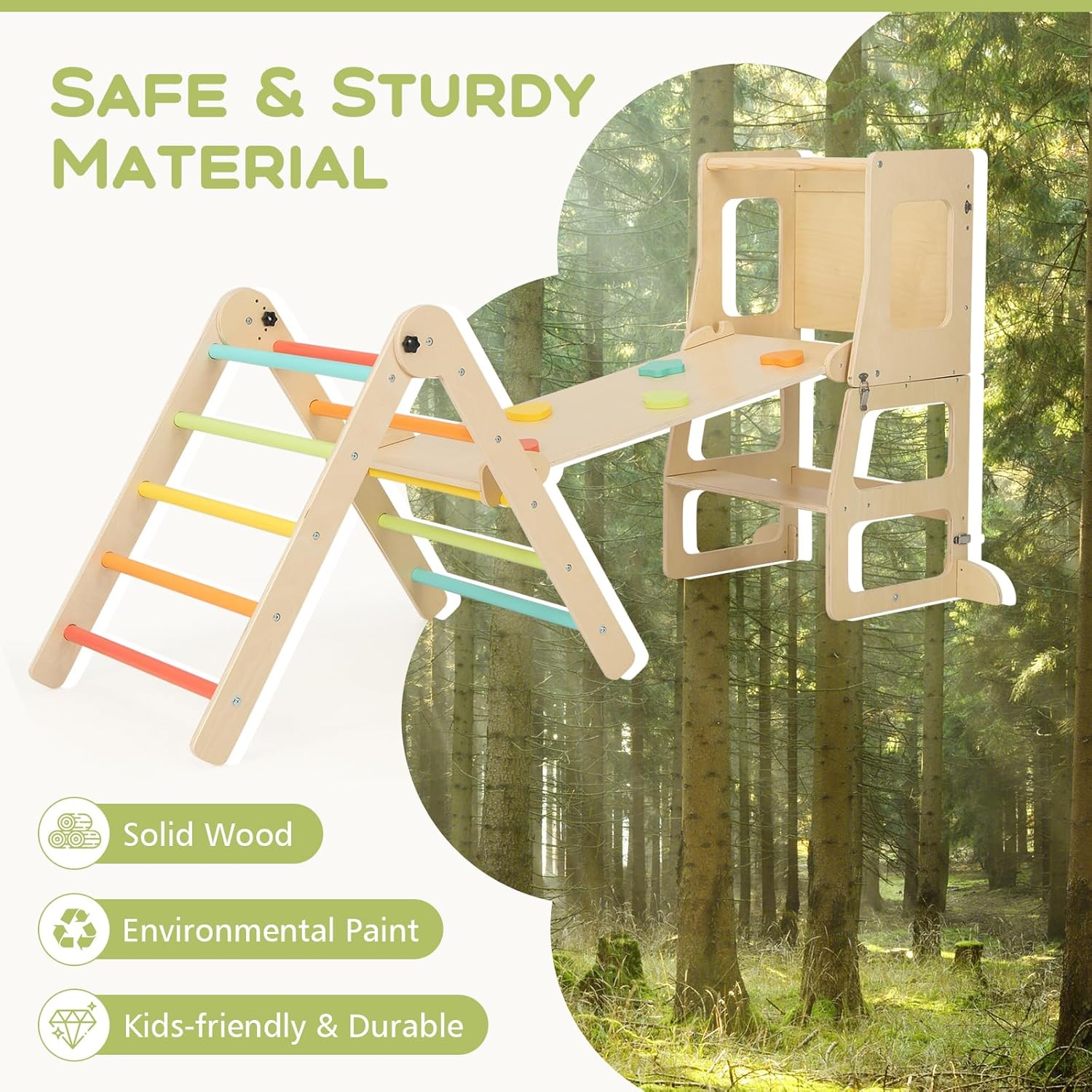 Olakids Pikler Triangle Set 8 in 1 Climbing Toys for Toddlers Foldable Wood Montessori Jungle Gym