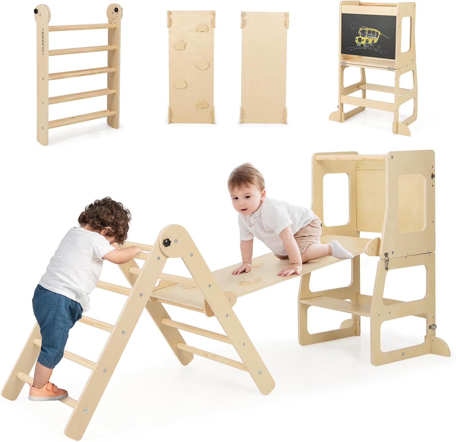 Olakids Pikler Triangle Set 8 in 1 Climbing Toys for Toddlers Foldable Wood Montessori Jungle Gym