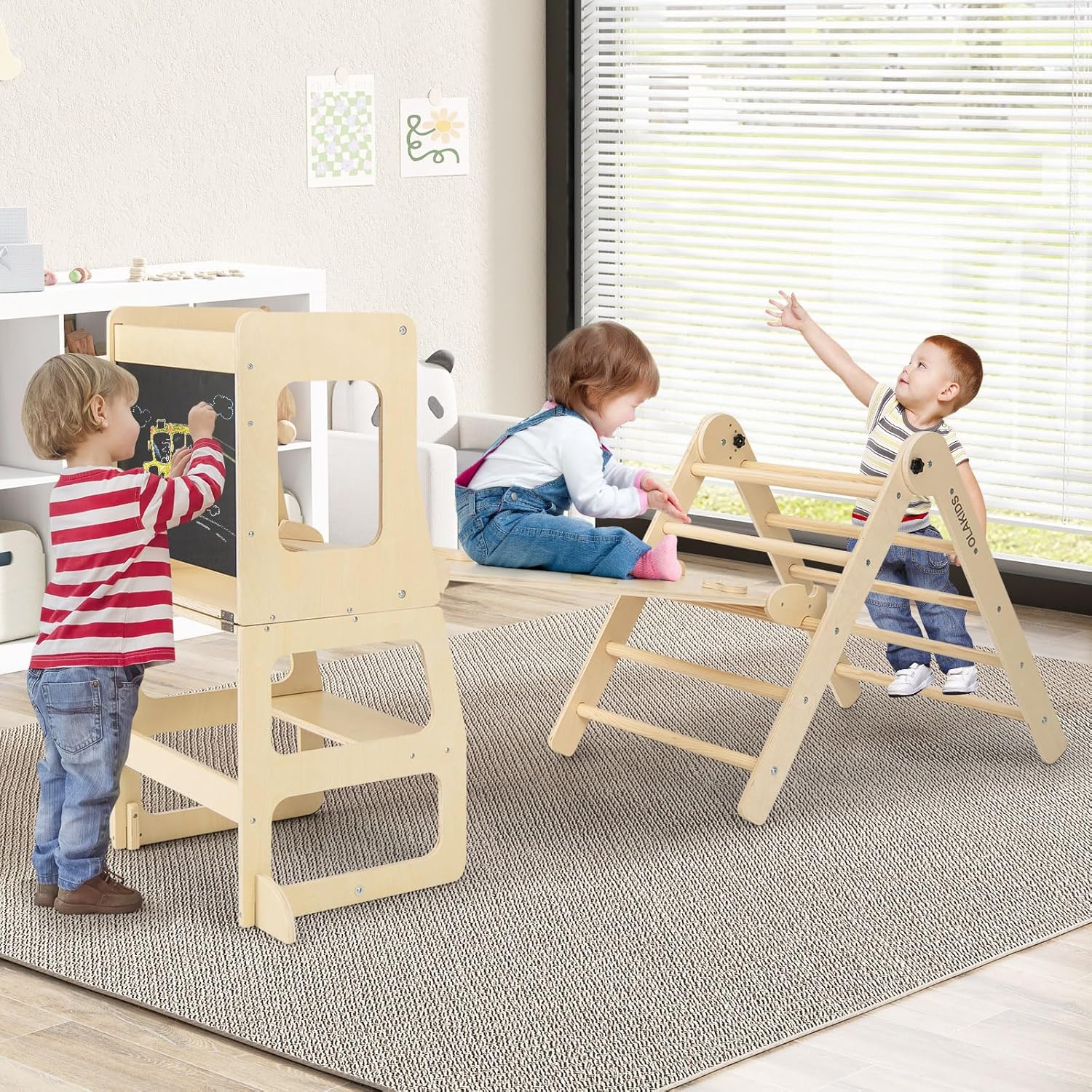 Olakids Pikler Triangle Set 8 in 1 Climbing Toys for Toddlers Foldable Wood Montessori Jungle Gym