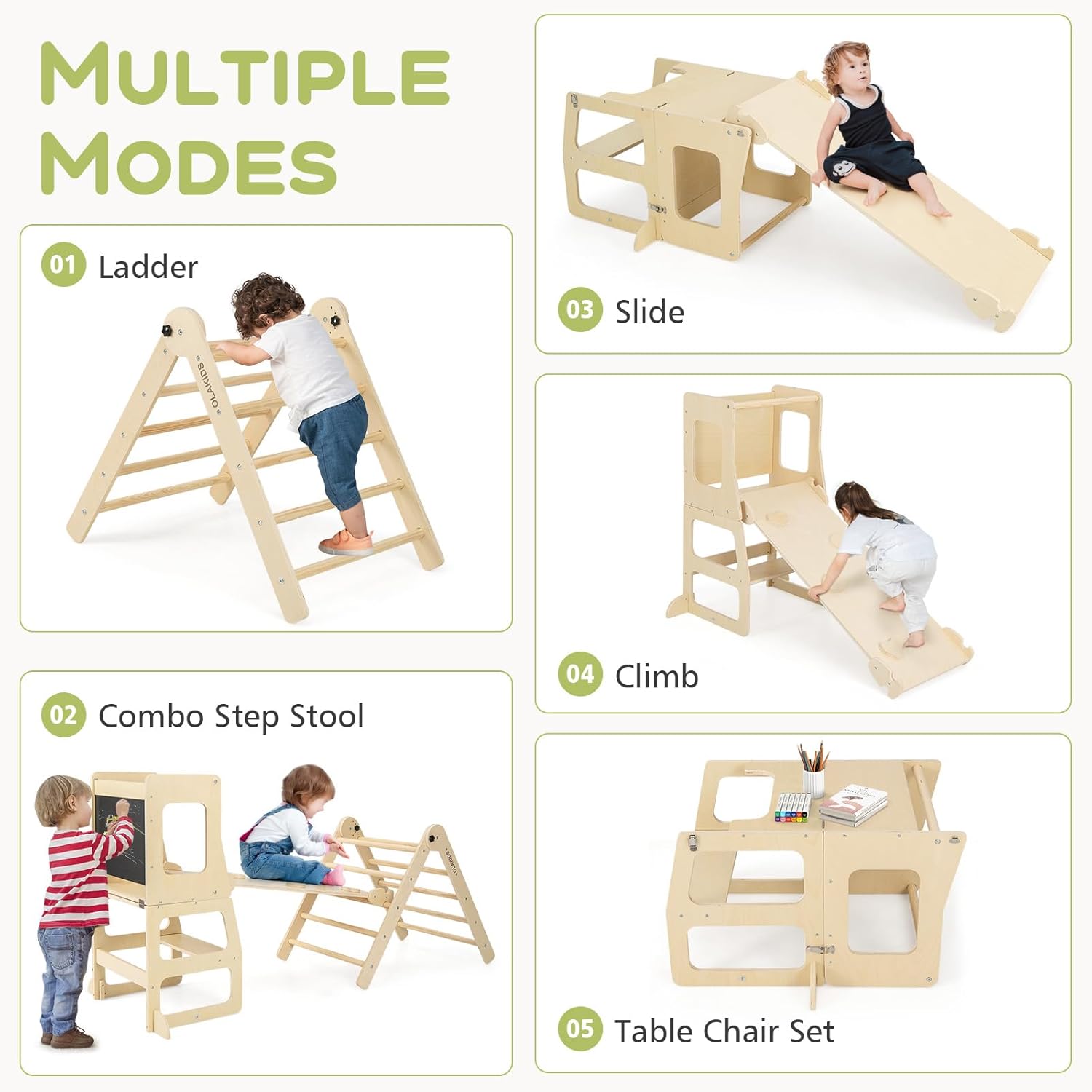 Olakids Pikler Triangle Set 8 in 1 Climbing Toys for Toddlers Foldable Wood Montessori Jungle Gym