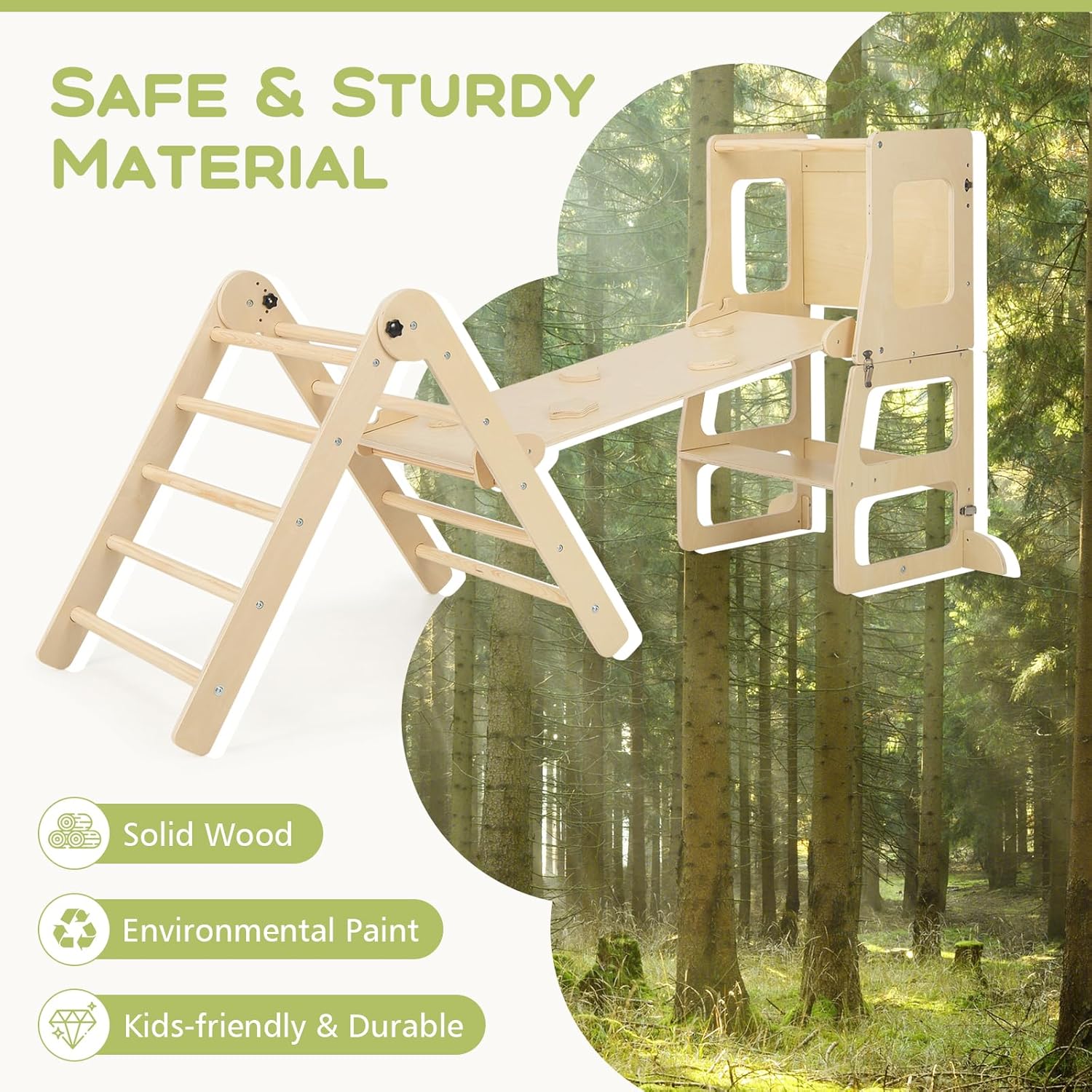 Olakids Pikler Triangle Set 8 in 1 Climbing Toys for Toddlers Foldable Wood Montessori Jungle Gym