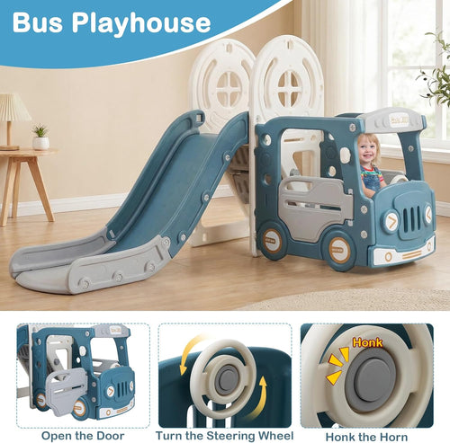OLAKIDS 5 in 1 Bus Themed Toddler Slide & Swing Set with Climber, Basketball Hoop & Playhouse