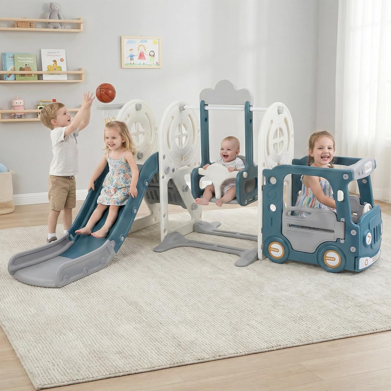 新品 son and daughter－Oli sets OLAKIDS 5 in 1 Bus Themed Toddler Slide & Swing Set with Climber, Bask