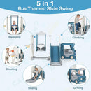 OLAKIDS 5 in 1 Bus Themed Toddler Slide & Swing Set with Climber, Basketball Hoop & Playhouse