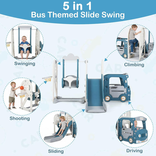 OLAKIDS 5 in 1 Bus Themed Toddler Slide & Swing Set with Climber, Basketball Hoop & Playhouse