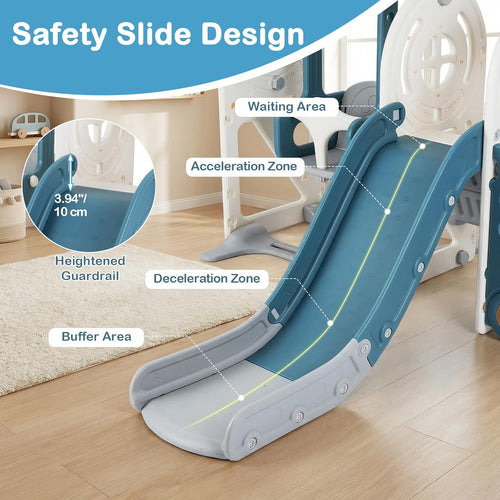 OLAKIDS 5 in 1 Bus Themed Toddler Slide & Swing Set with Climber, Basketball Hoop & Playhouse