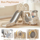 OLAKIDS 5 in 1 Bus Themed Toddler Slide & Swing Set with Climber, Basketball Hoop & Playhouse