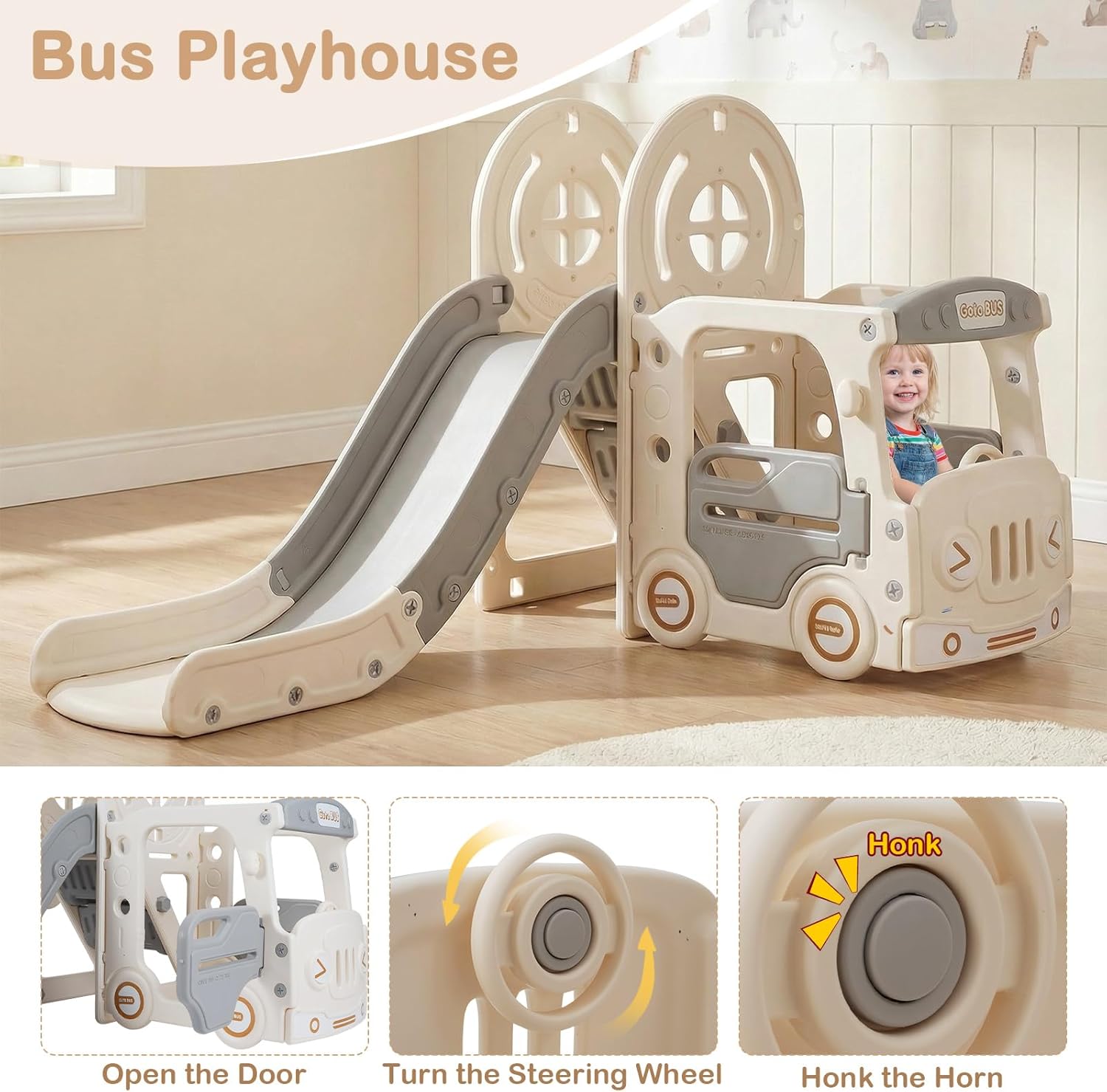 OLAKIDS 5 in 1 Bus Themed Toddler Slide & Swing Set with Climber, Basketball Hoop & Playhouse