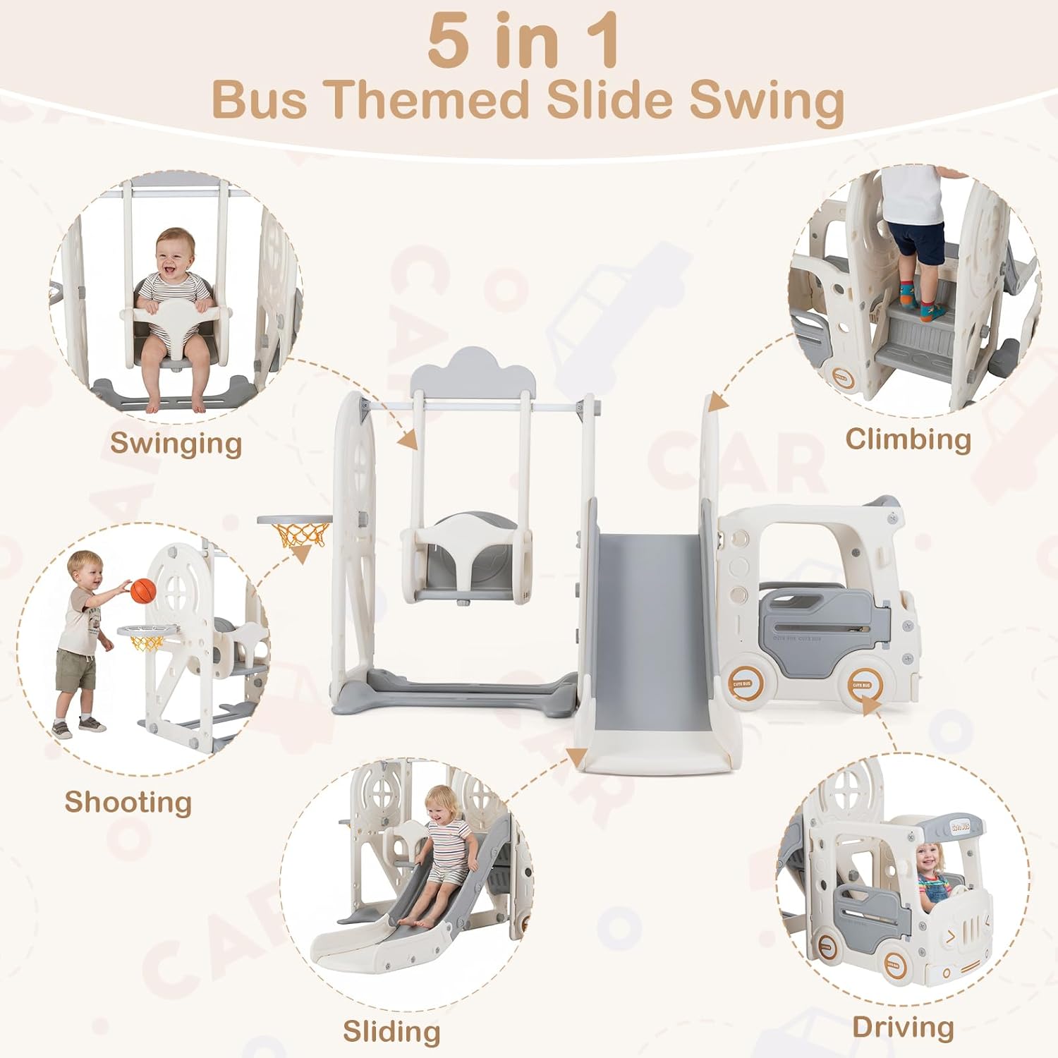 OLAKIDS 5 in 1 Bus Themed Toddler Slide & Swing Set with Climber, Basketball Hoop & Playhouse