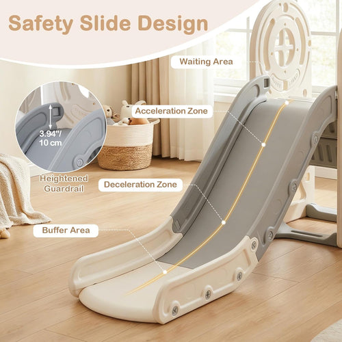 OLAKIDS 5 in 1 Bus Themed Toddler Slide & Swing Set with Climber, Basketball Hoop & Playhouse