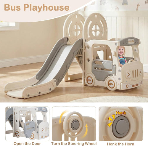OLAKIDS 5 in 1 Bus Themed Toddler Slide & Swing Set with Climber, Basketball Hoop & Playhouse
