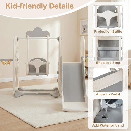 OLAKIDS 5 in 1 Bus Themed Toddler Slide & Swing Set with Climber, Basketball Hoop & Playhouse