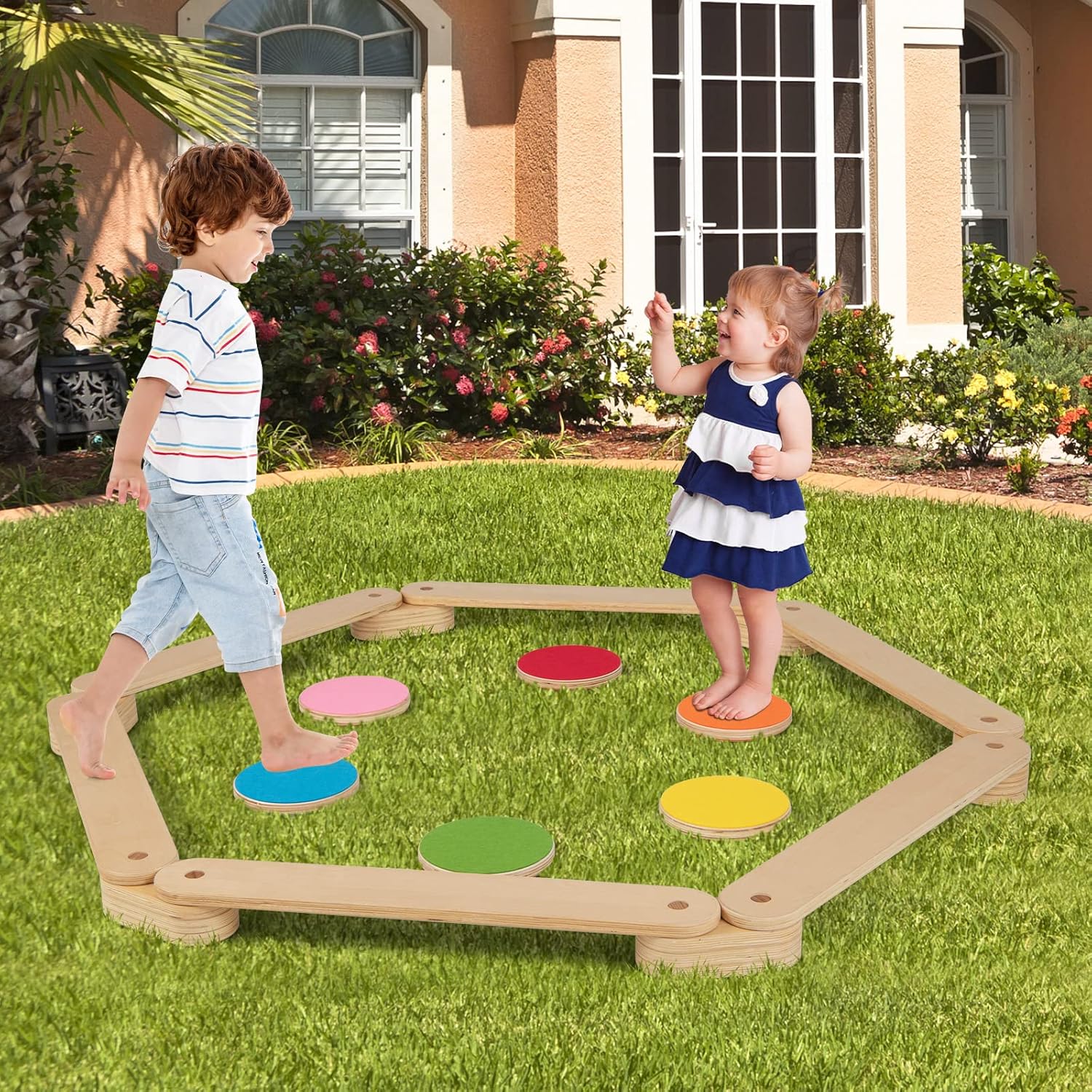 OLAKIDS Wooden Balance Beam for Kids Toddler, Stepping Stones, 12 Piece Obstacle Course for Playroom Indoor Outdoor