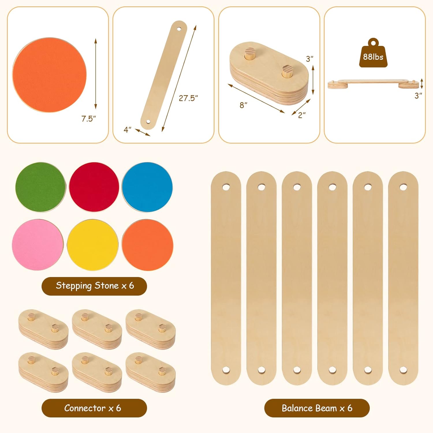 OLAKIDS Wooden Balance Beam for Kids Toddler, Stepping Stones, 12 Piece Obstacle Course for Playroom Indoor Outdoor