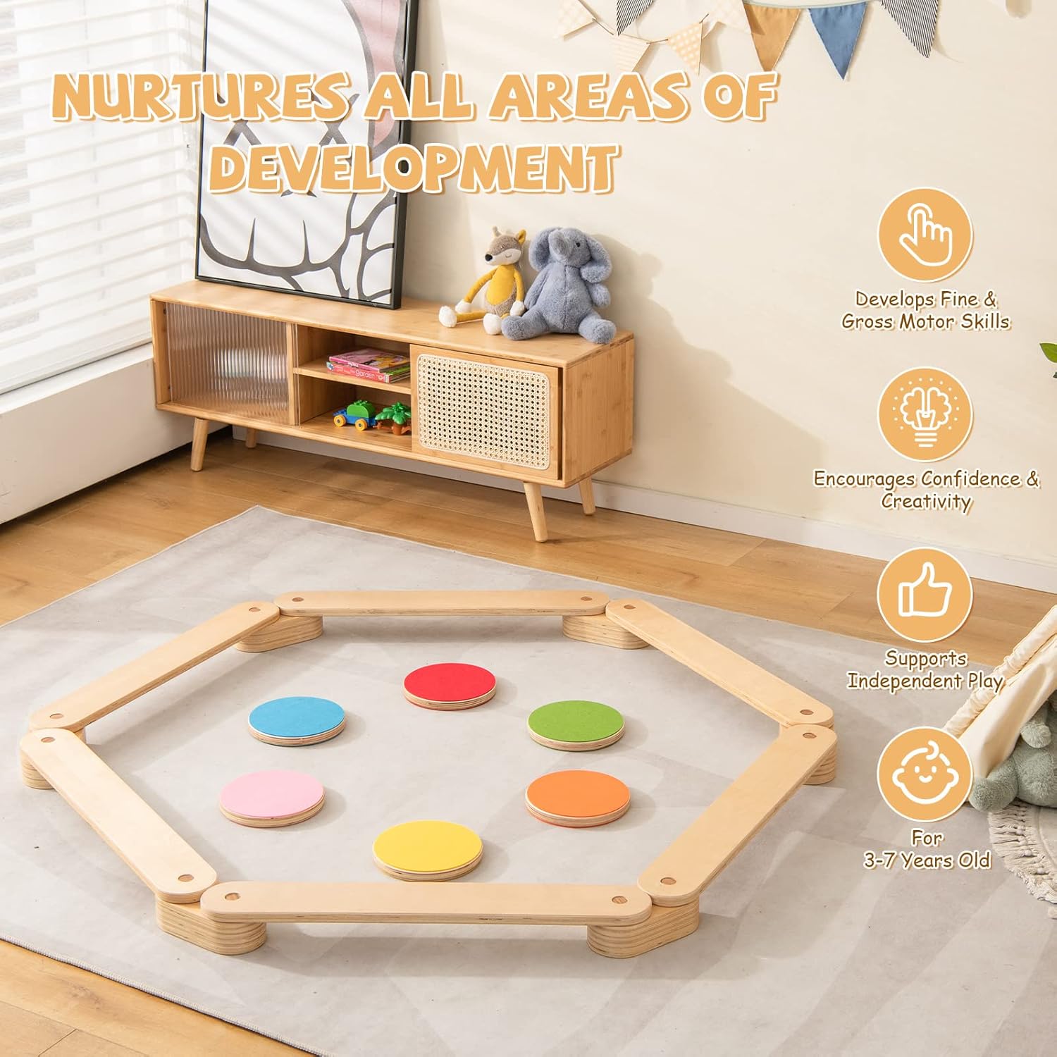 OLAKIDS Wooden Balance Beam for Kids Toddler, Stepping Stones, 12 Piece Obstacle Course for Playroom Indoor Outdoor