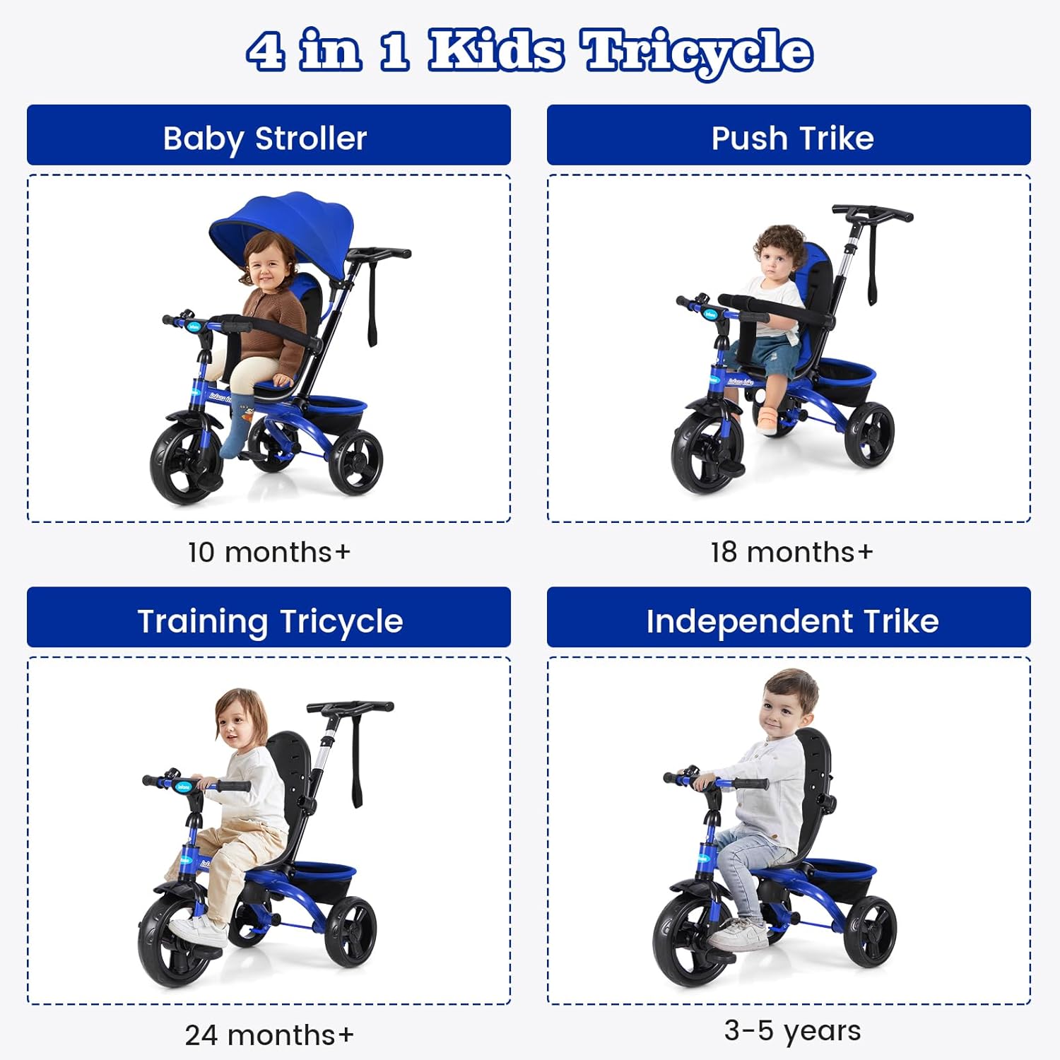 OLAKIDS Kids Tricycle, 6 in 1 Stroll Trike with Adjustable Push Handle Suitable for 10 Months to 5 Years